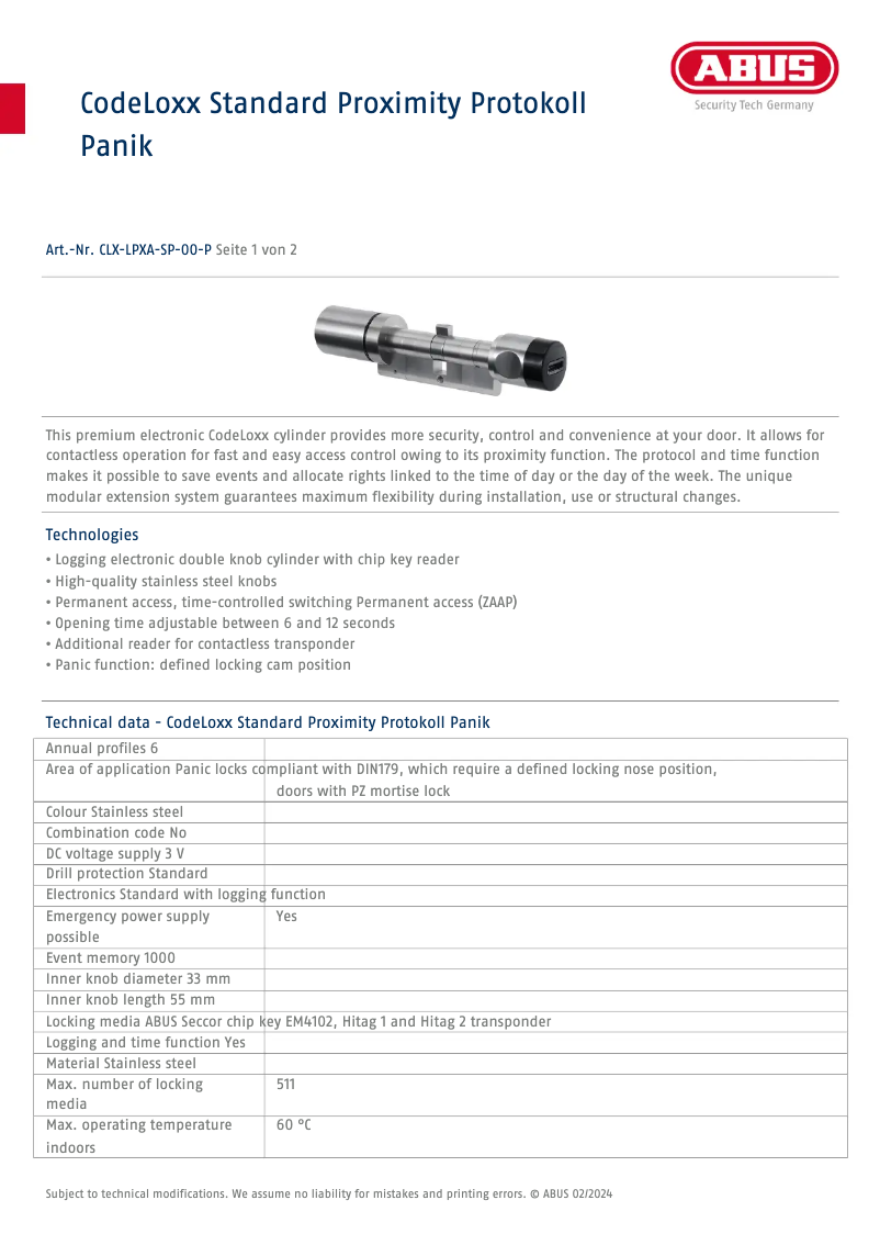 Page 1 de la notice Fiche technique Abus CLX-LPXA-SP-00-P