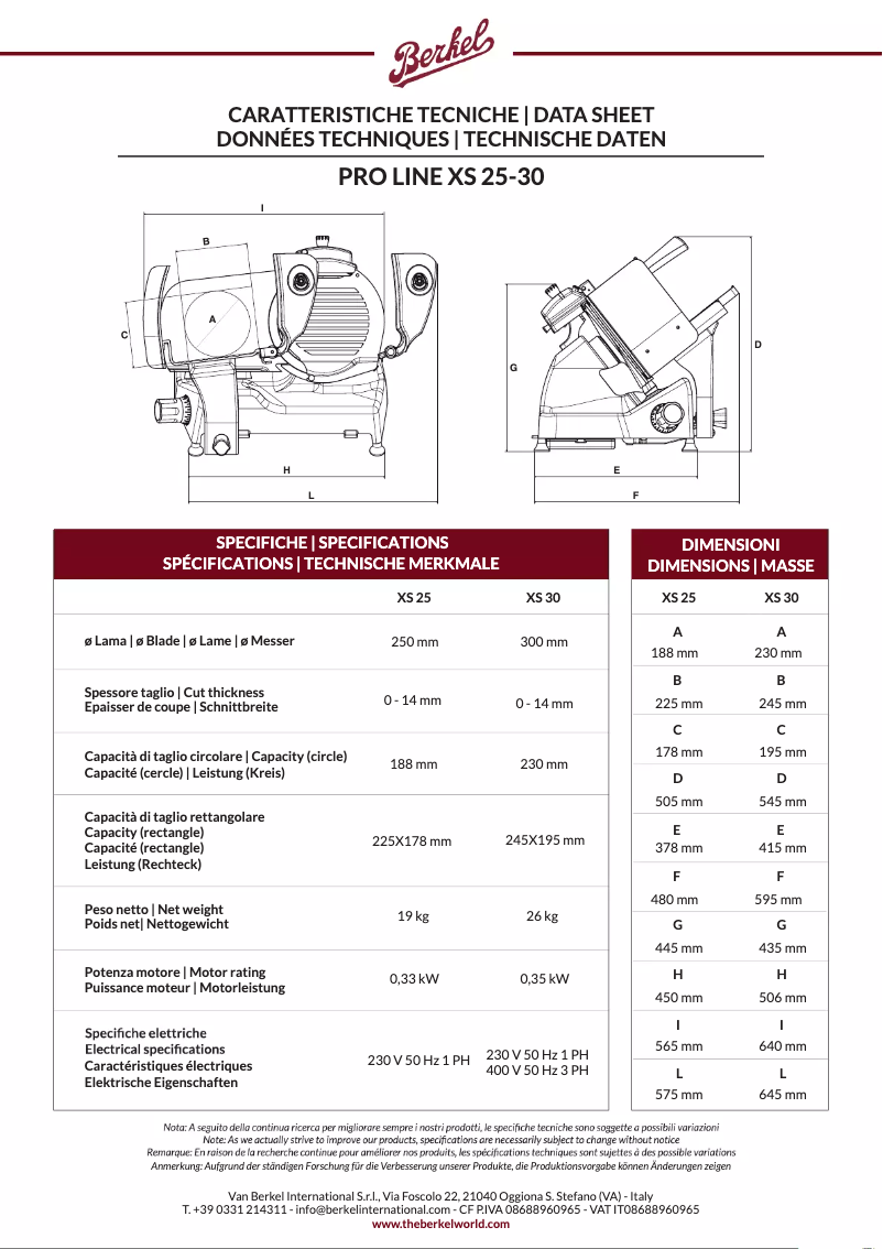 Page n°1 - Fiche technique Berkel Pro Line XS25