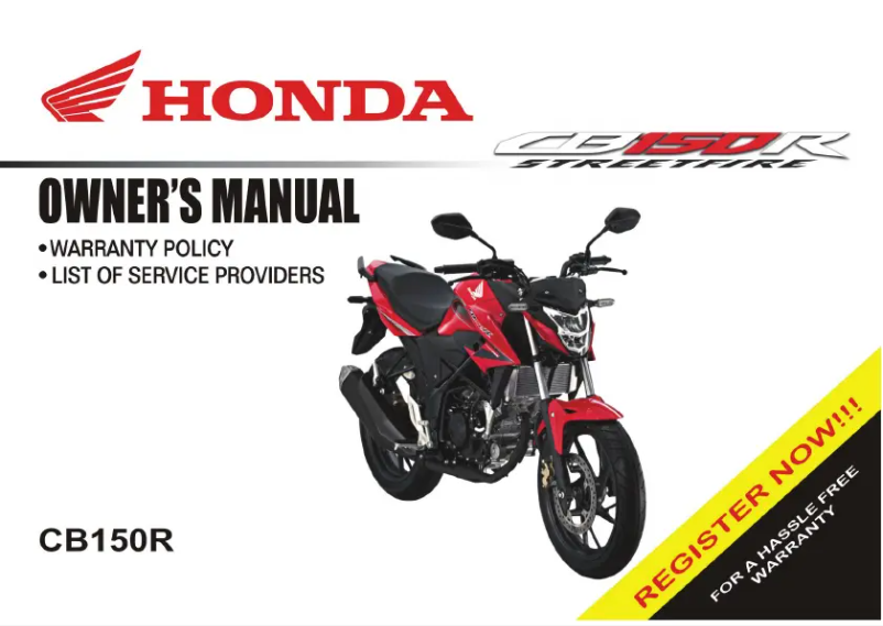 Image de la première page du manuel de l'appareil StreetFire CB150R (2017)