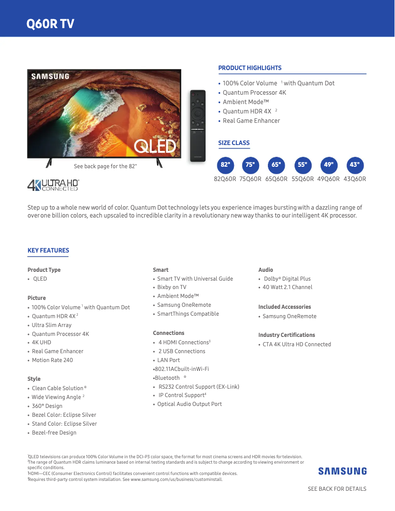 Page 1 de la notice Fiche technique Samsung QN65Q60RAFXZA