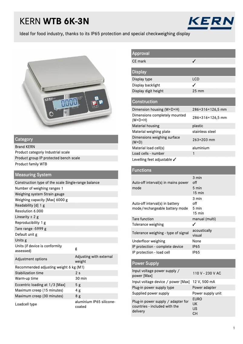 Page 1 de la notice Fiche technique Kern WTB 6K-3N