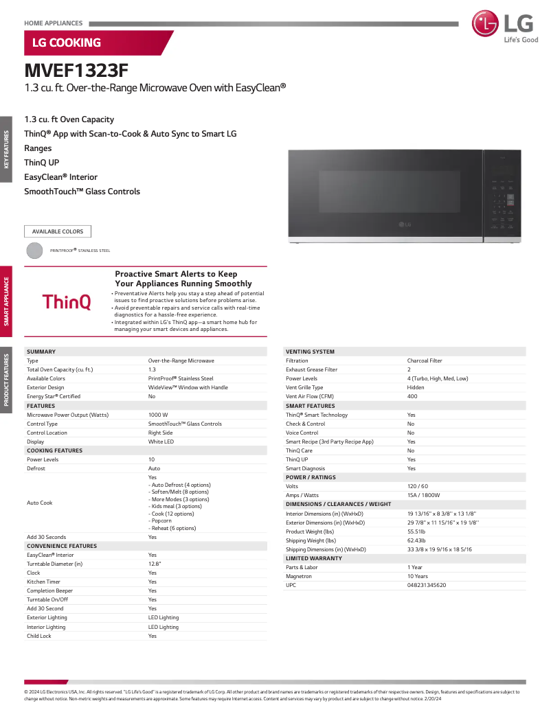 Page 1 de la notice Fiche technique LG MVEF1323F