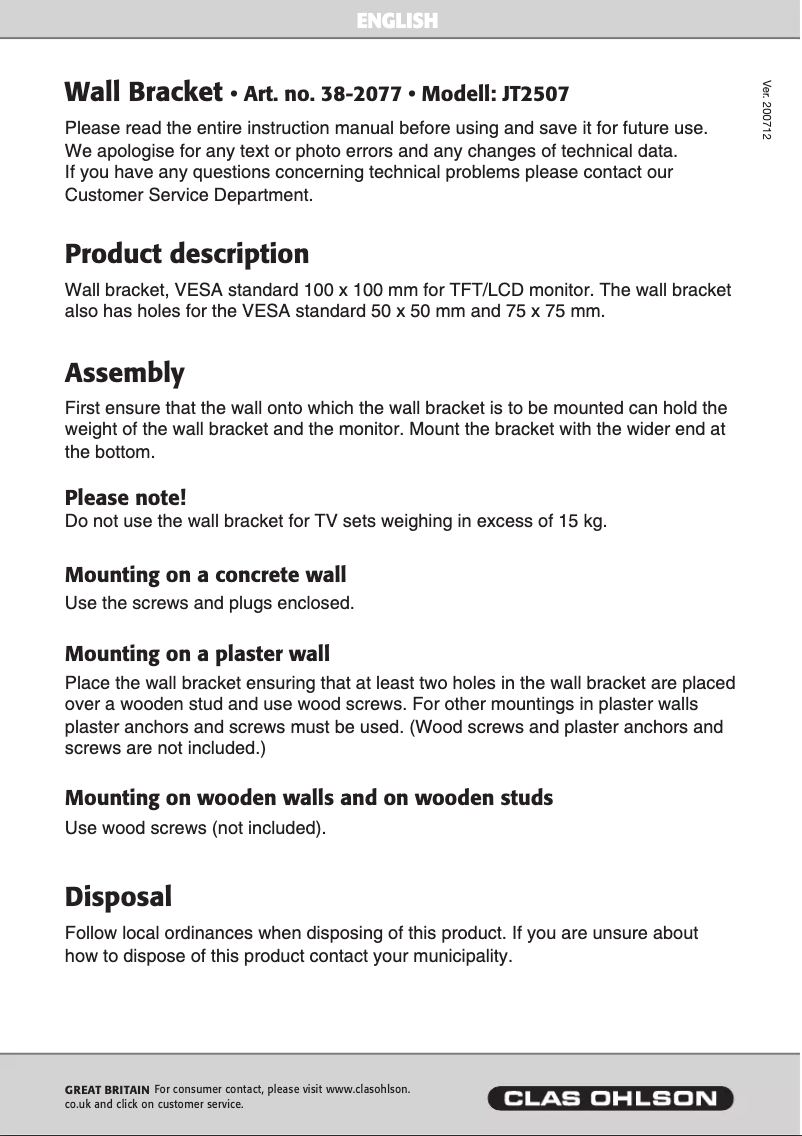Page 1 de la notice Manuel utilisateur Prologue JT2507