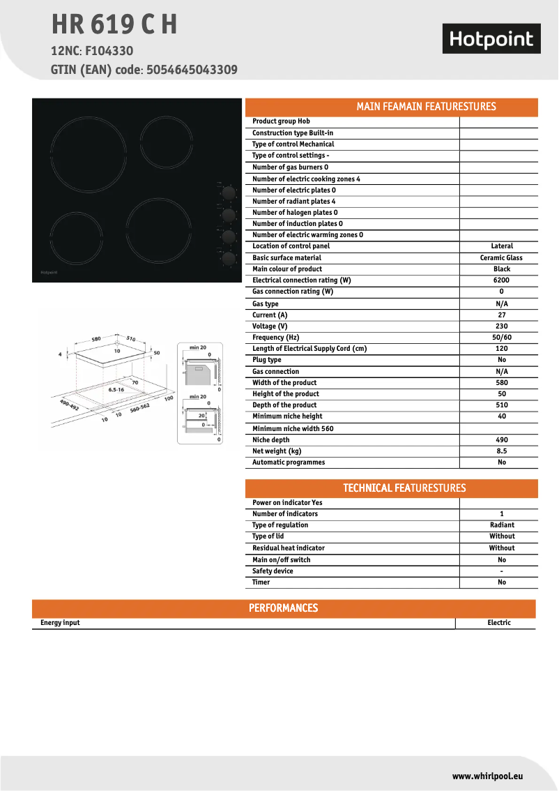 Page 1 de la notice Fiche technique Hotpoint HR 619 C H