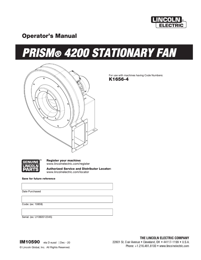 Page 1 de la notice Manuel utilisateur Lincoln Electric Prism 4200 Stationary Fan