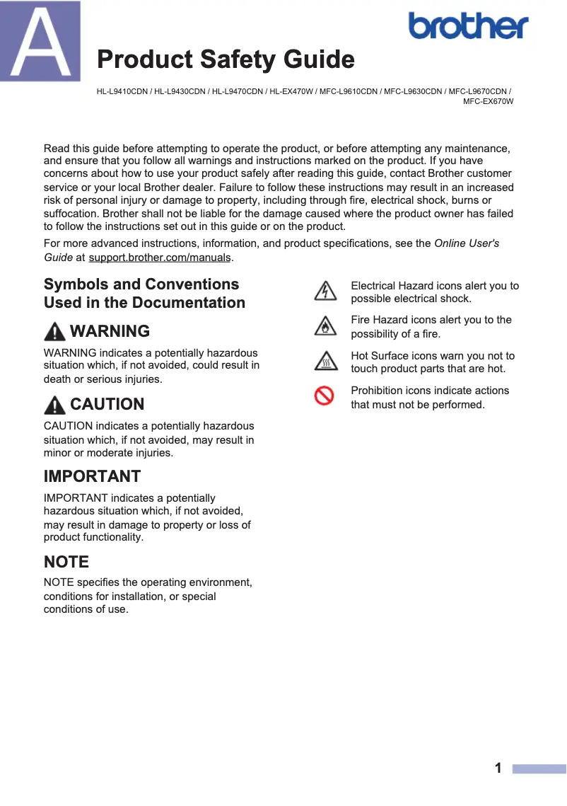 Page n°1 - Instructions de sécurité Brother MFC-EX670W