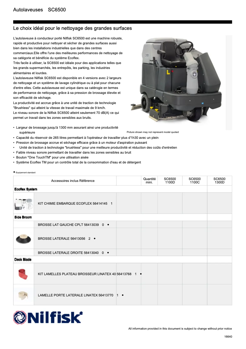 Page 1 de la notice Fiche technique Nilfisk SC6500