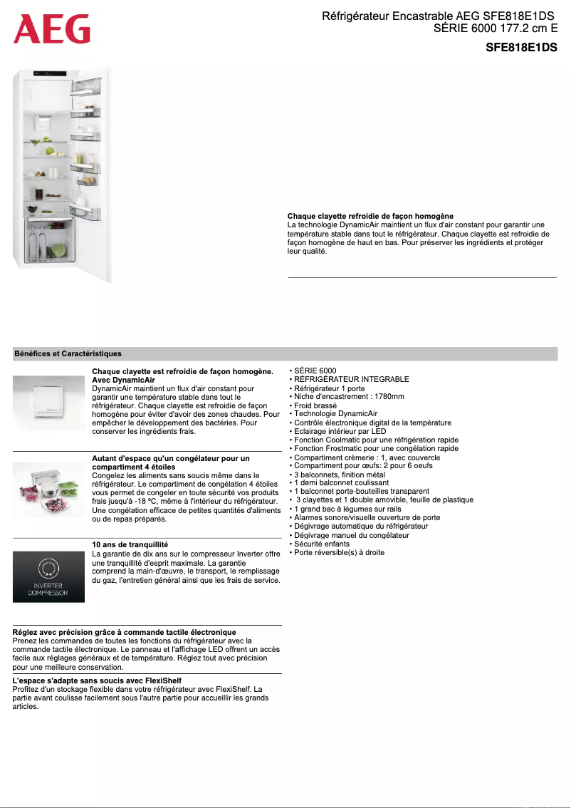 Page 1 de la notice Fiche technique AEG SFE818E1DS