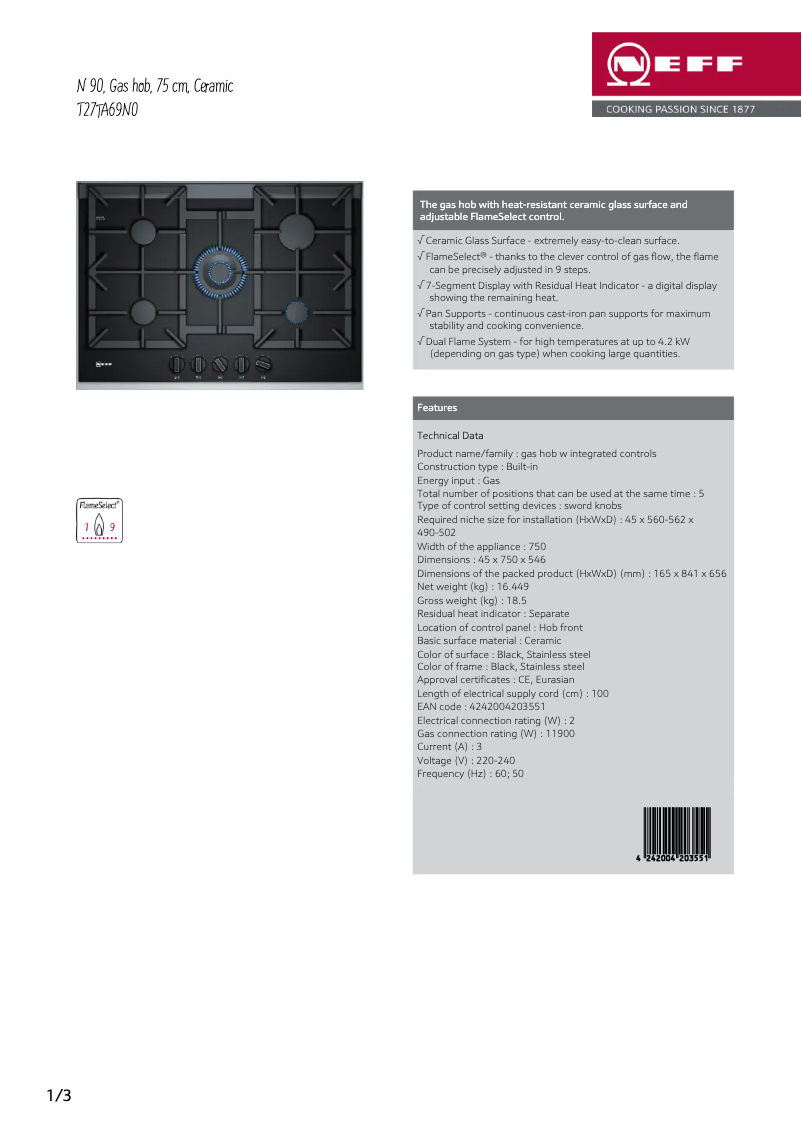 Page 1 de la notice Fiche technique Neff T27TA69N0