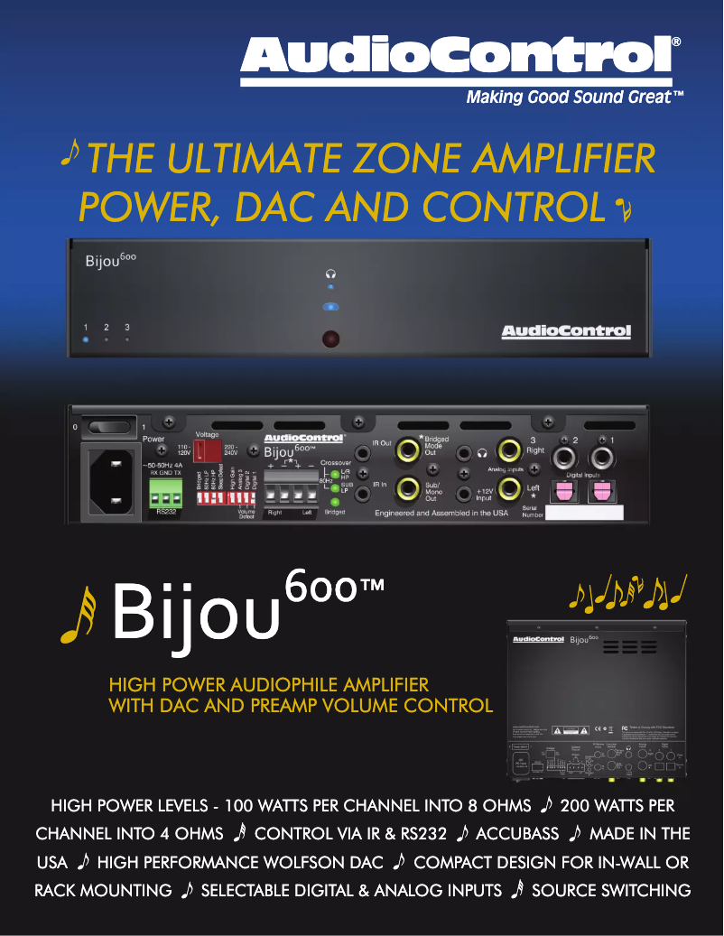 Page 1 de la notice Fiche technique AudioControl Bijou 600