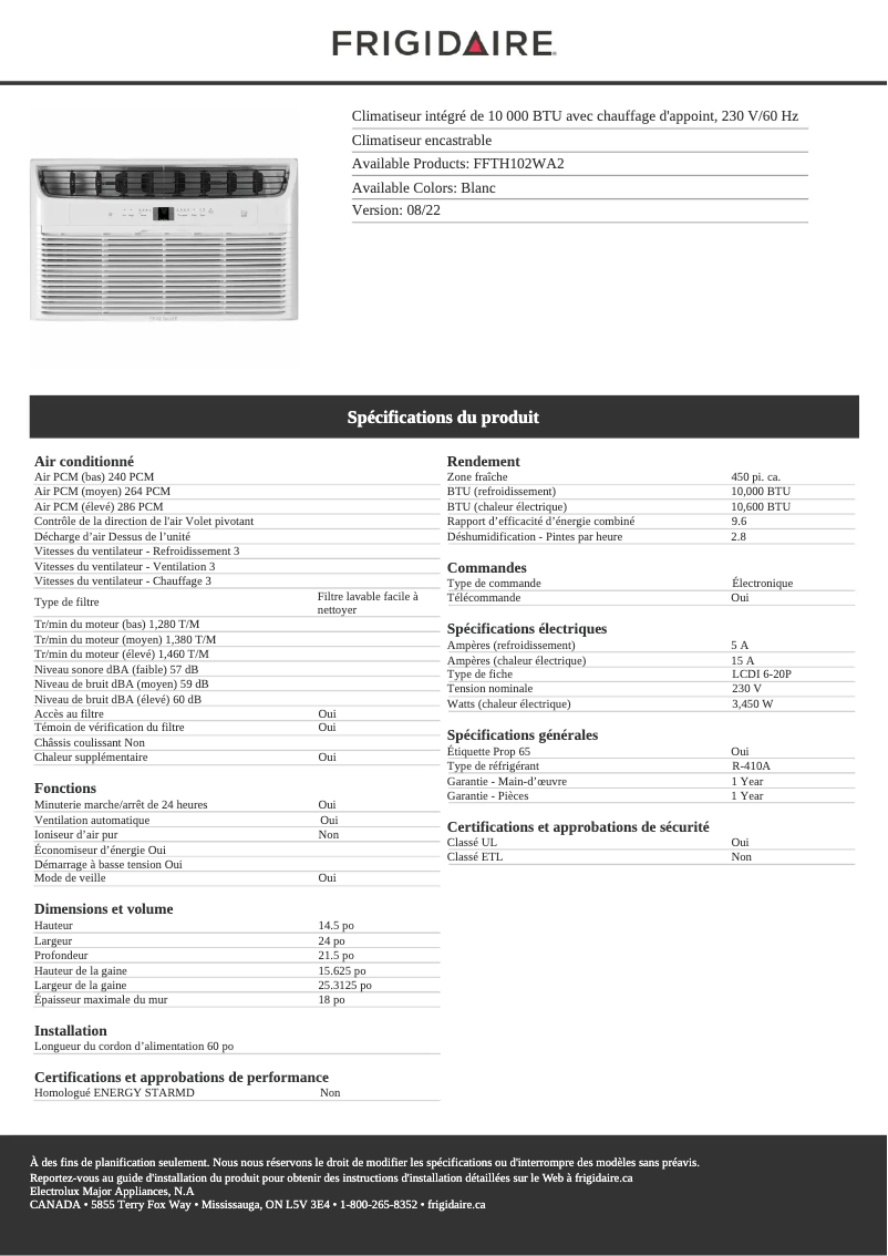 Page 1 de la notice Fiche technique Frigidaire FFTH102WA2