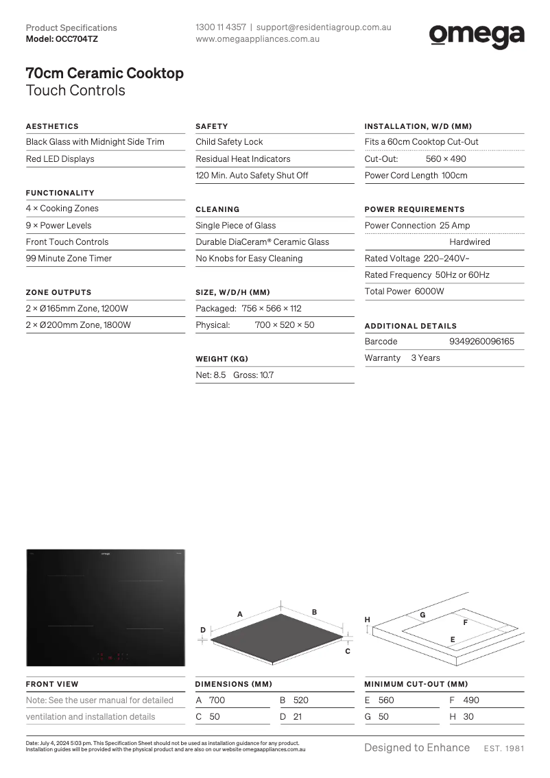 Page n°1 - Fiche technique Omega OCC704TZ