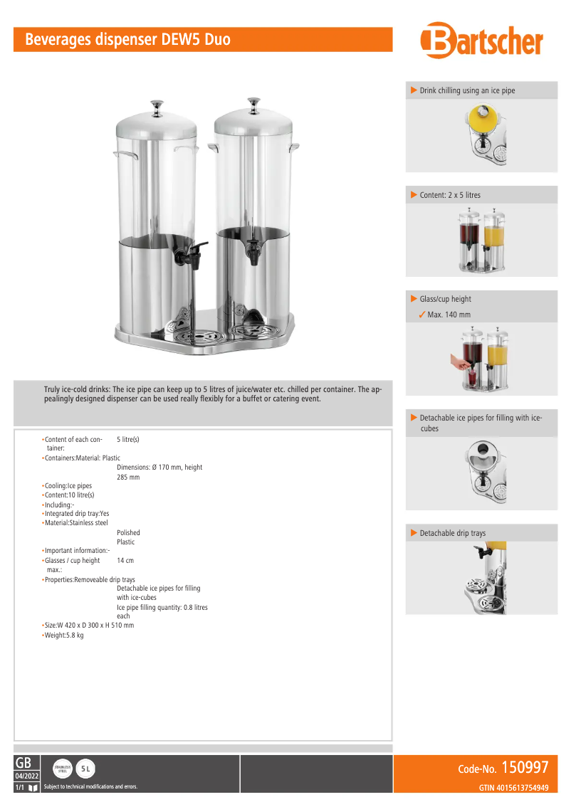 Página 1 del manual Ficha técnica Bartscher DEW5 Duo 150997