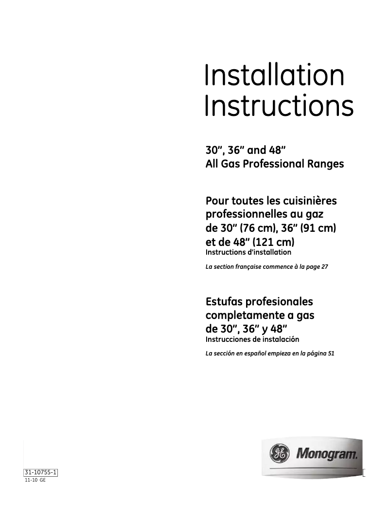 Page 1 de la notice Guide d'installation Monogram ZGP364NRRSS