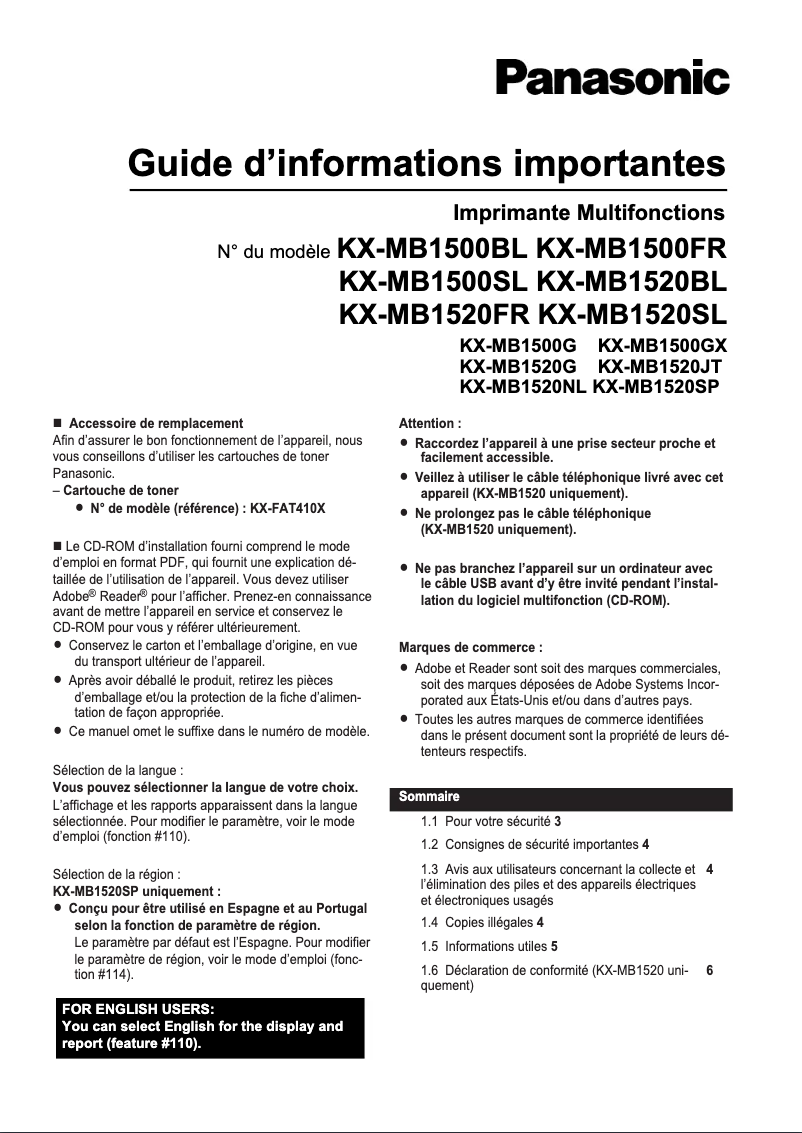 Page 1 de la notice Manuel utilisateur Panasonic KX-MB1520BL