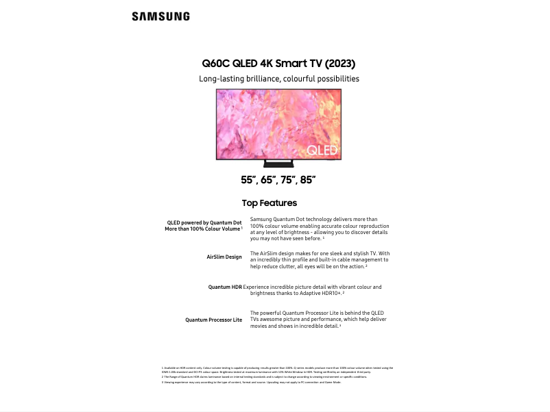 Page 1 de la notice Fiche technique Samsung QA85Q60CAW