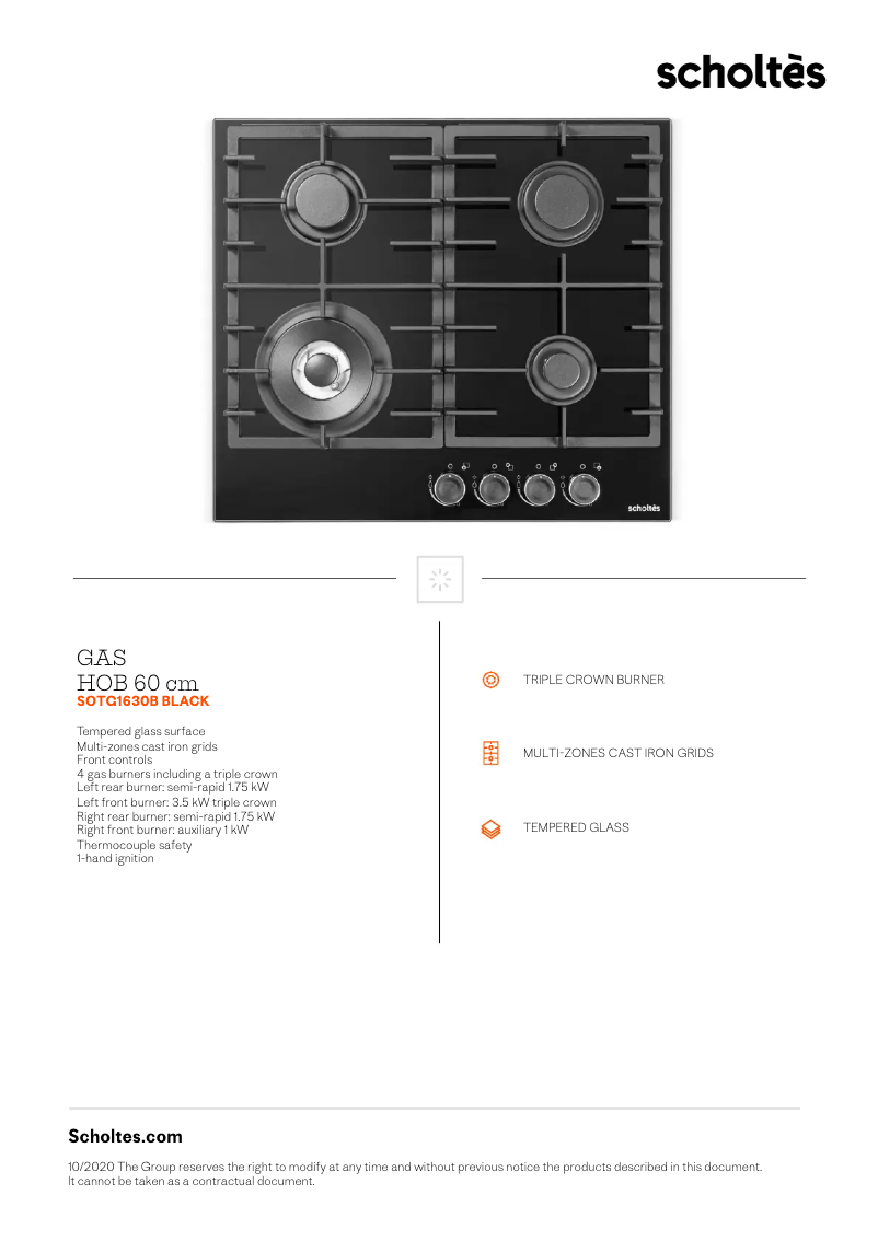 Page 1 de la notice Fiche technique Scholtès SOTG1630B
