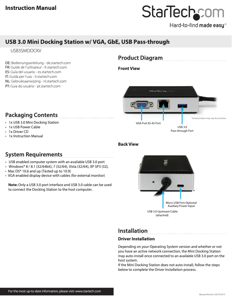 Page n°1 - Manuel utilisateur StarTech.com USB3SMDOCKV
