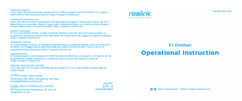 Page 1 de la notice Manuel utilisateur Reolink E1