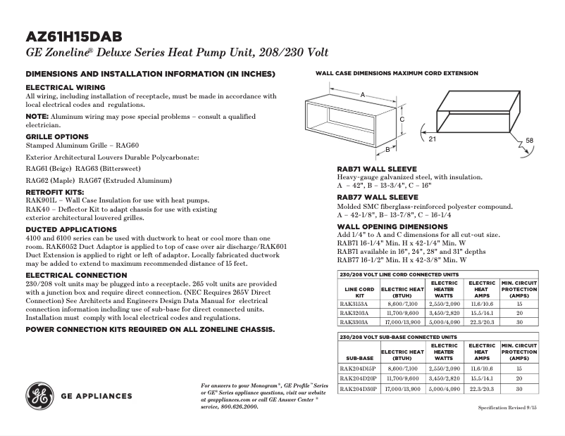 First page image of the manual for AZ61H15DAB Zoneline