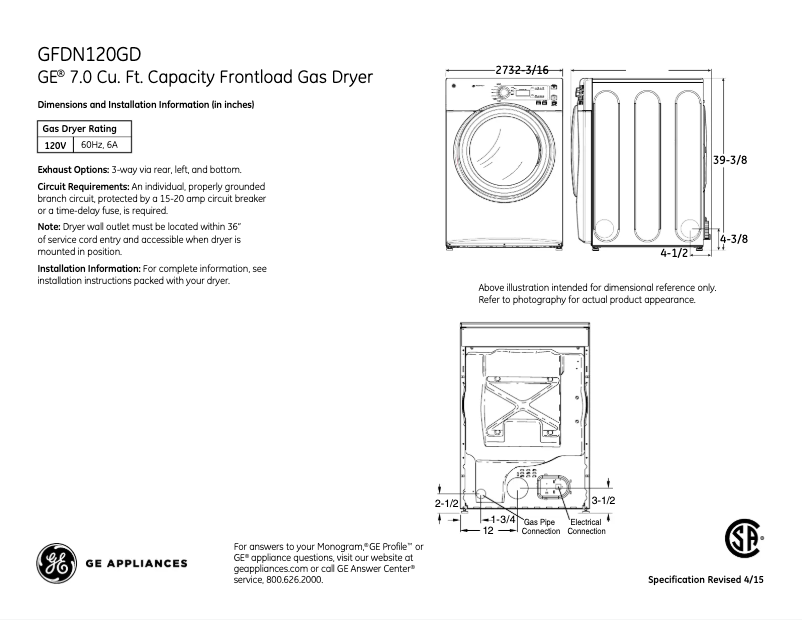 Page n°1 - Fiche technique GE GFDN120GDWW