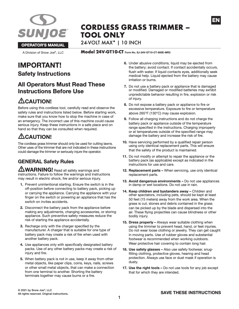 Page 1 de la notice Manuel utilisateur Sun Joe 24V-GT10-CT