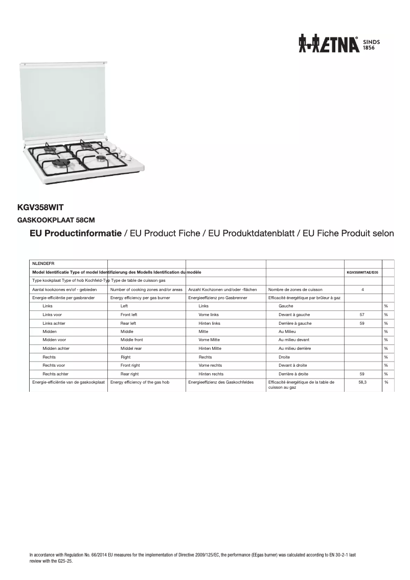 Page 1 de la notice Fiche technique Etna KGV358HWIT
