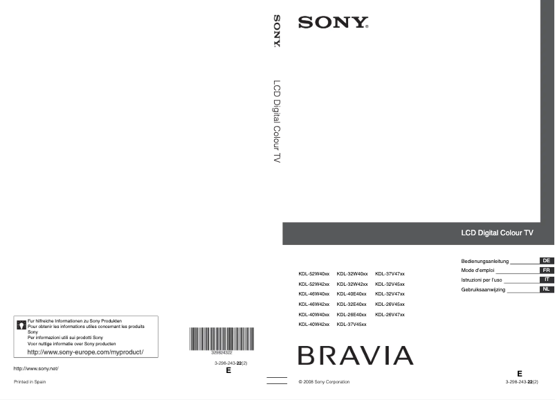 Page 1 de la notice Manuel utilisateur Sony Bravia KDL-52W4230