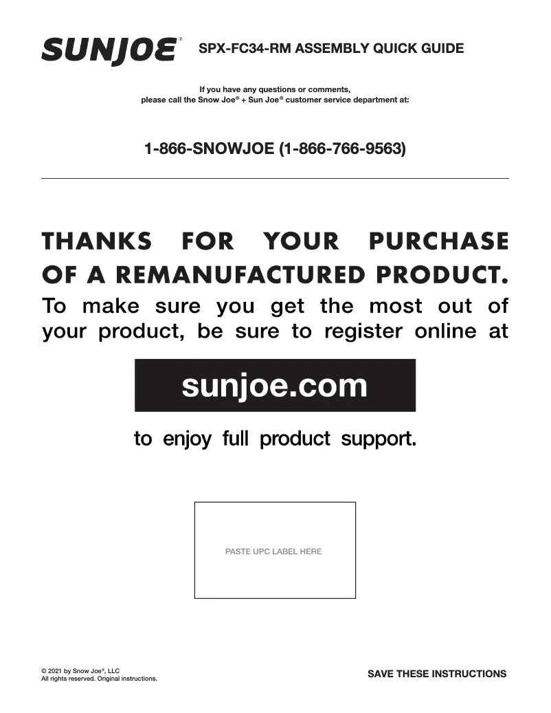 Page 1 de la notice Manuel utilisateur Sun Joe SPX-FC34-RM