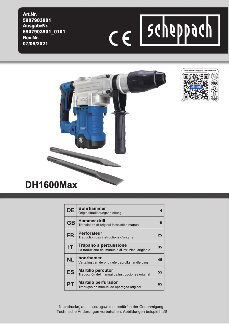 Página 1 del manual Manual de usuario Scheppach DH1600Max