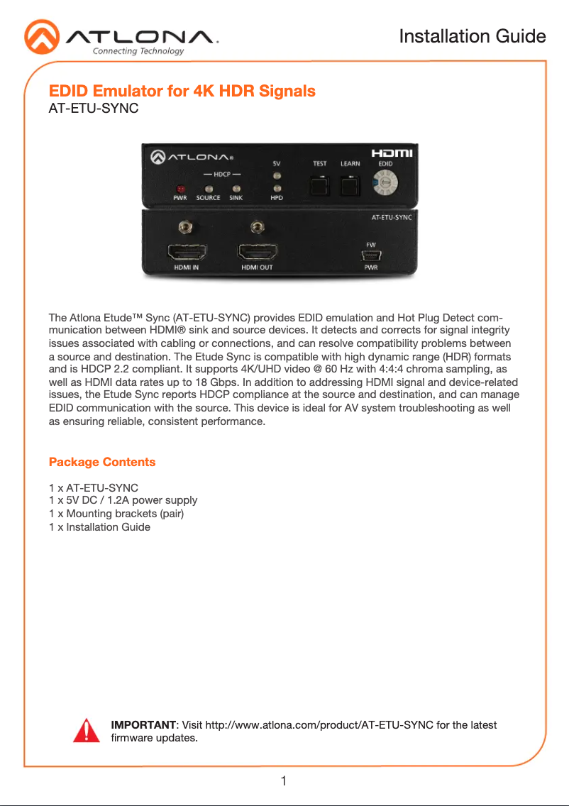 Page 1 de la notice Guide d'installation Atlona AT-ETU-SYNC