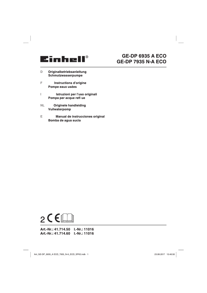 Page 1 de la notice Manuel utilisateur Einhell GE-DP 6935 A Eco