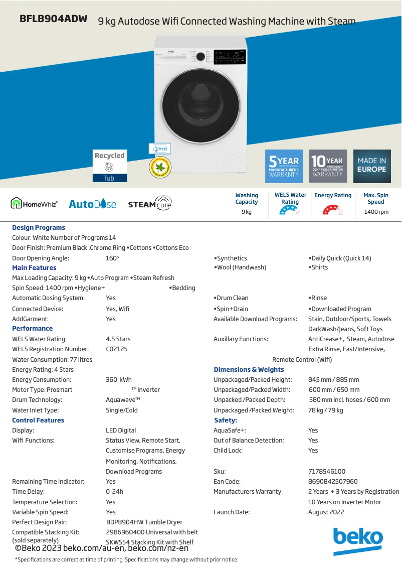 Page 1 de la notice Fiche technique Beko BFLB904ADW