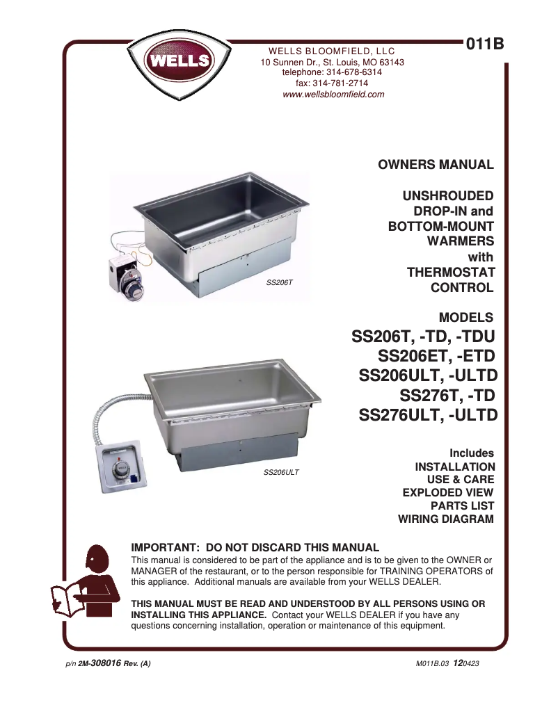 Page 1 de la notice Manuel utilisateur Wells SS206TU