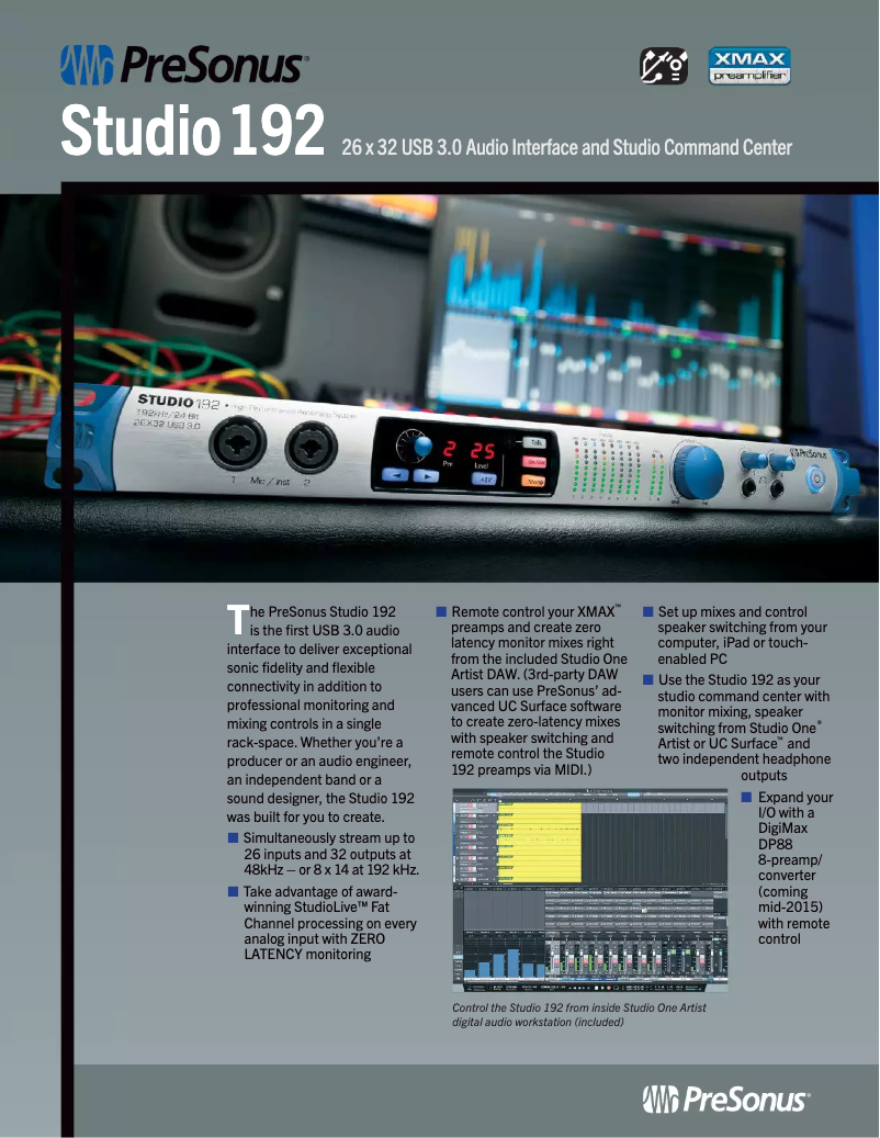 Page 1 de la notice Fiche technique PreSonus Studio 192