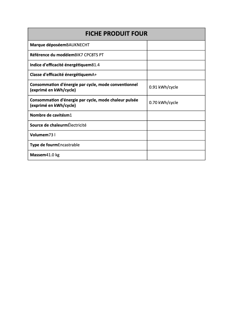 Page 1 de la notice Fiche technique Bauknecht BIK7 CPC8TS PT