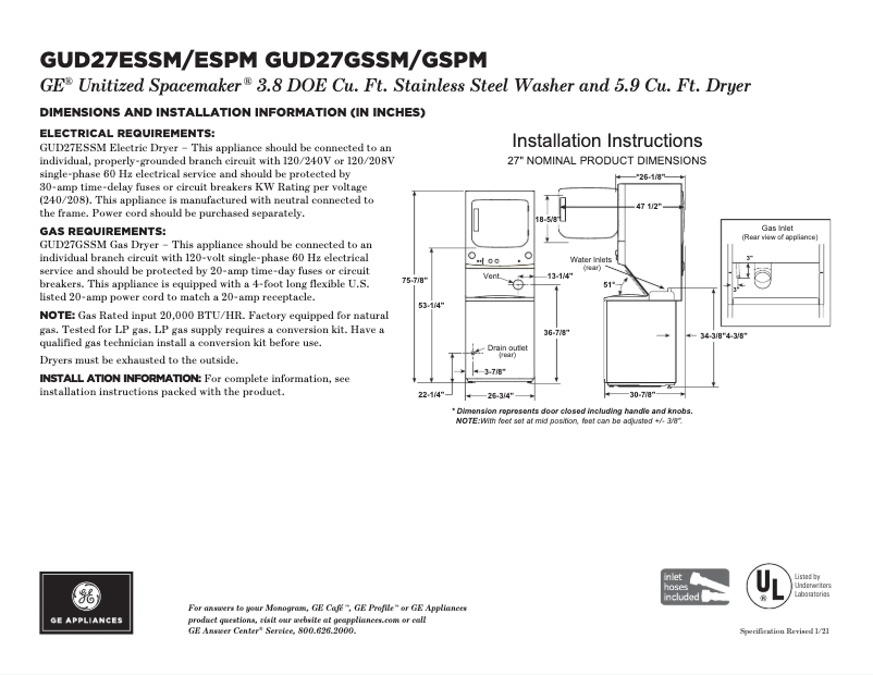 Page 1 de la notice Fiche technique GE GUD27ESPMDG