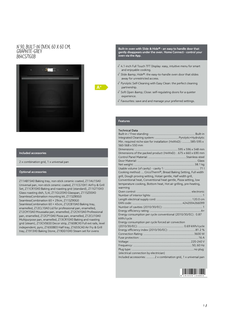 Page 1 de la notice Fiche technique Neff B64CS71G0B