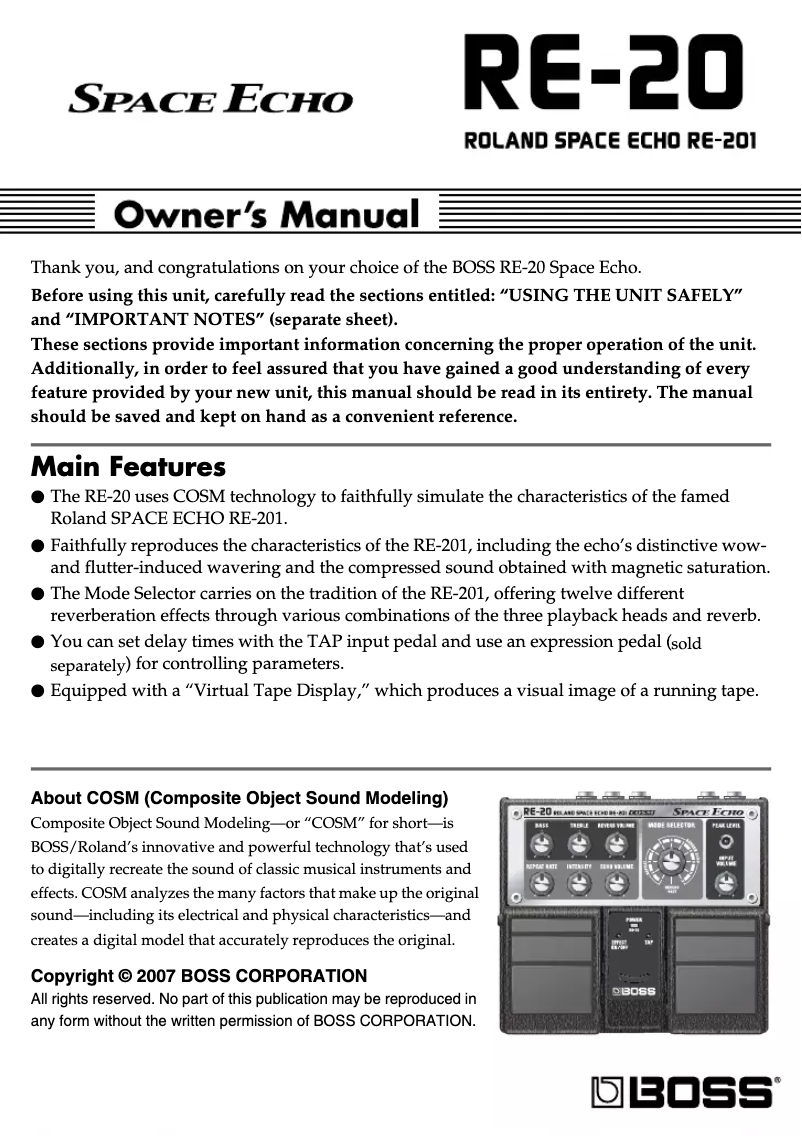 Page n°1 - Manuel utilisateur Boss Space Echo RE-20