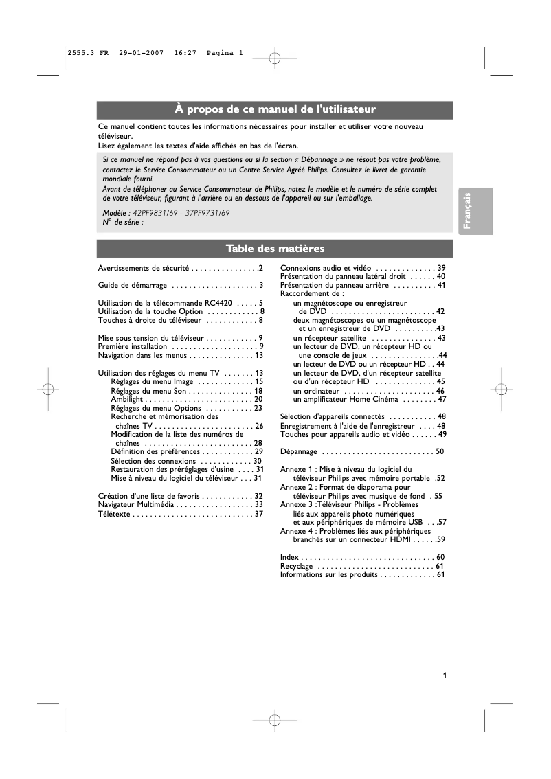 Image de la première page du manuel de l'appareil 37PF9731