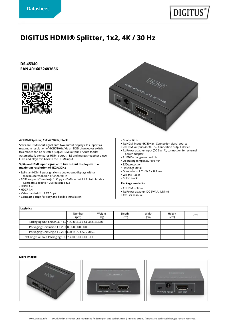 Page 1 de la notice Fiche technique Digitus DS-45340