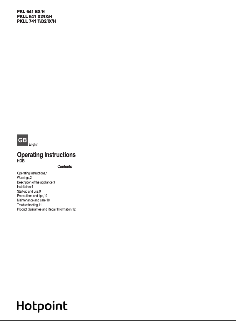 Page n°1 - Manuel utilisateur Hotpoint PKL 641 EX/H