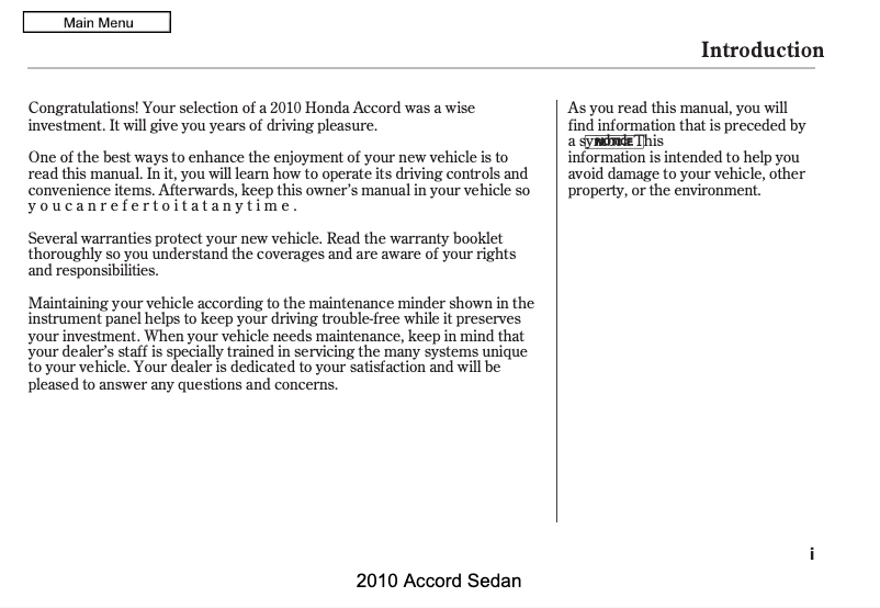 Imagen de la primera página del manual del dispositivo Accord Sedan (2010)