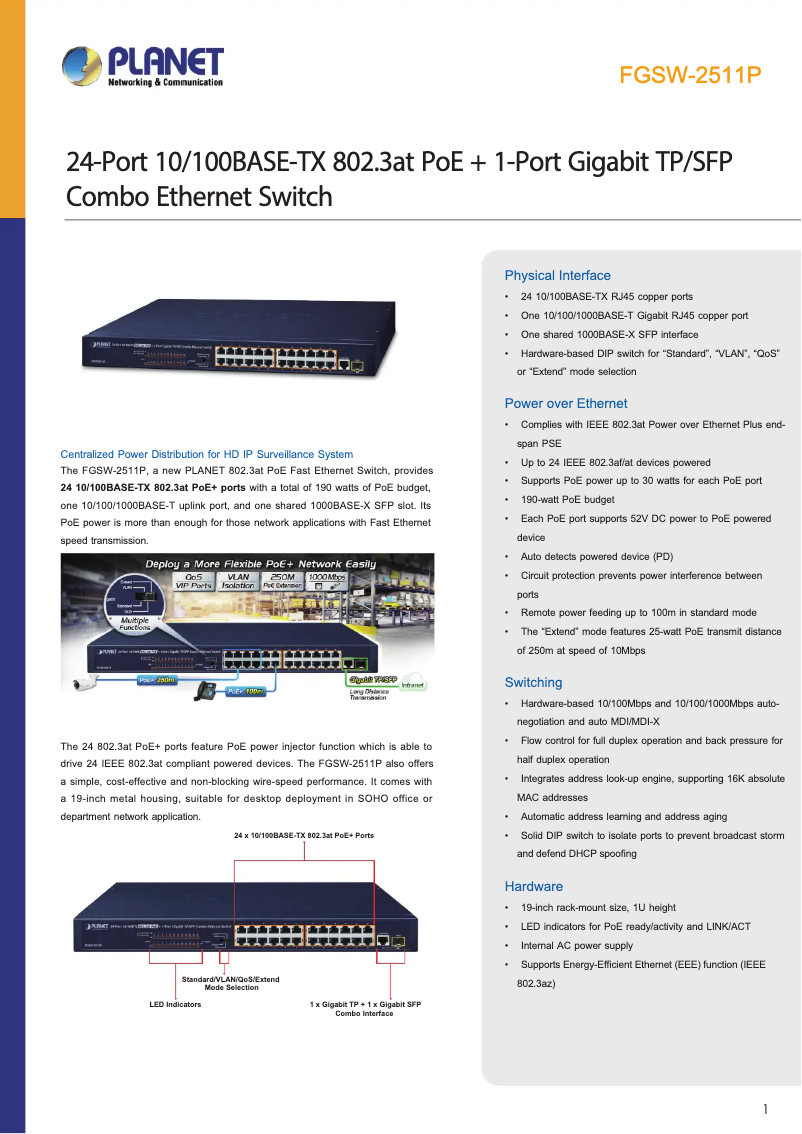 Page 1 de la notice Fiche technique Planet FGSW-2511P