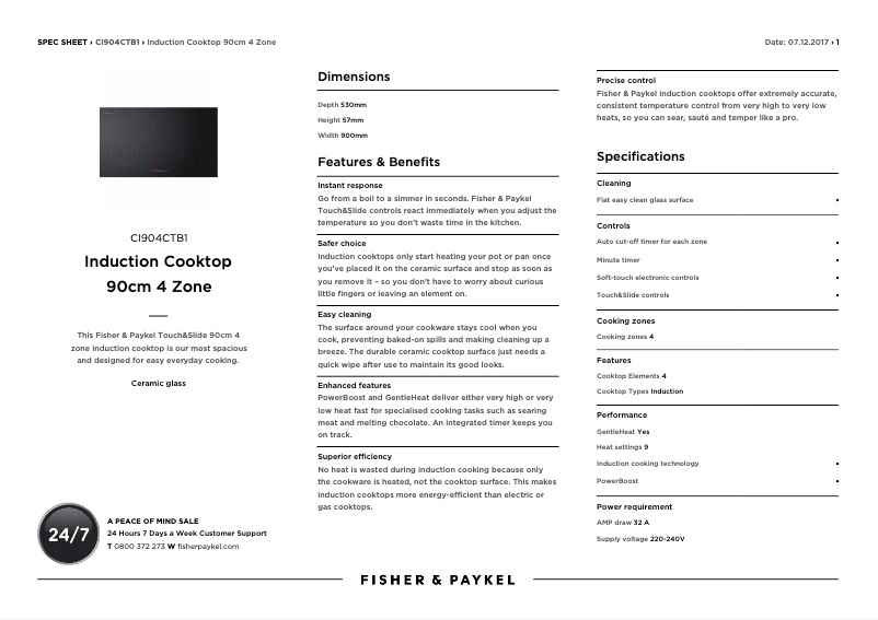 Page 1 de la notice Fiche technique Fisher & Paykel CI904CTB1