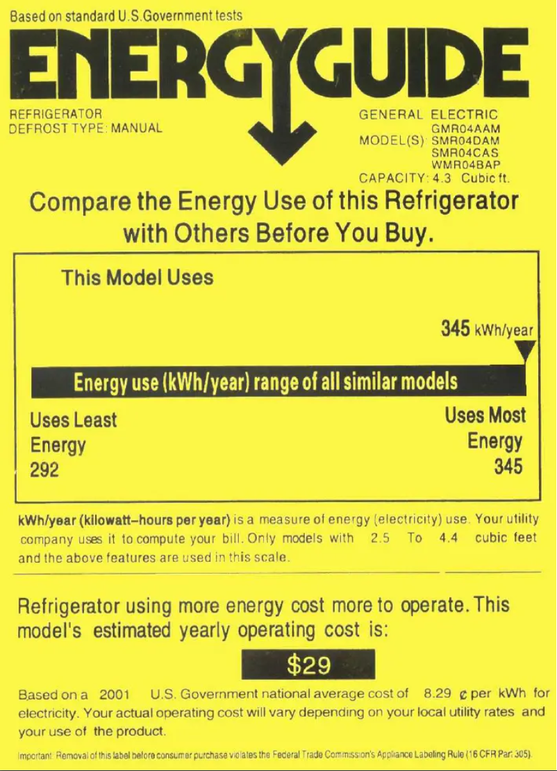 Page 1 de la notice Label énergétique GE SMR04CASCS