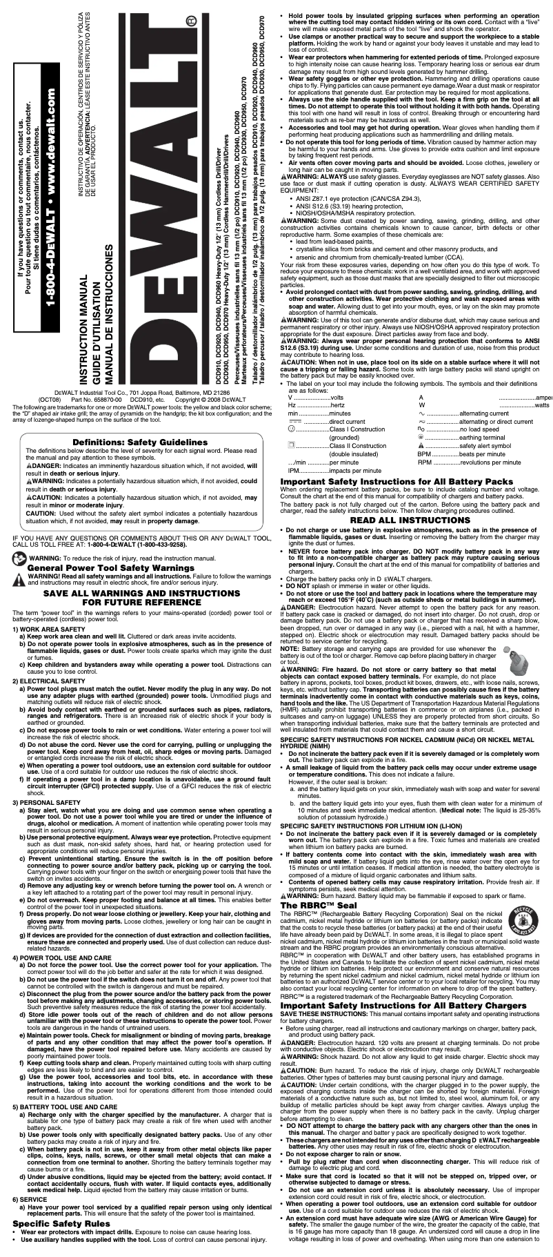 Page 1 de la notice Manuel d'utilisation et d'entretien DeWalt DCD950B
