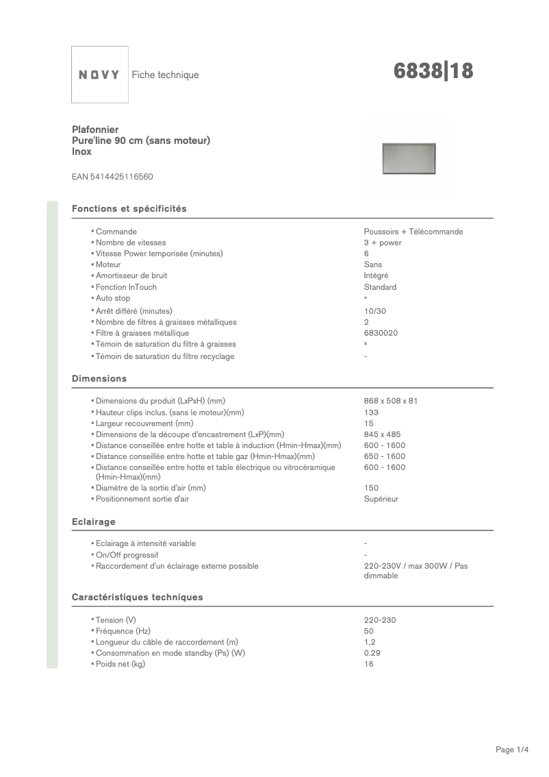 Page 1 de la notice Fiche technique Novy Pureline 6838