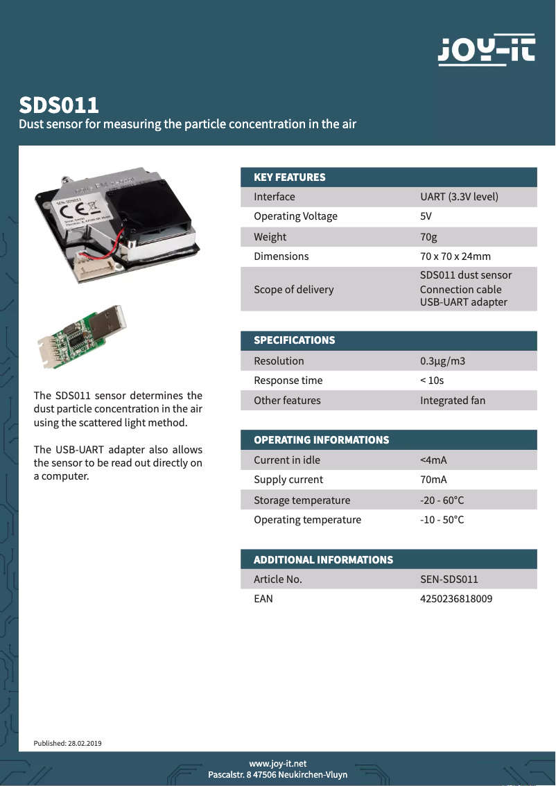 Page 1 de la notice Fiche technique Joy-It SEN-SDS011