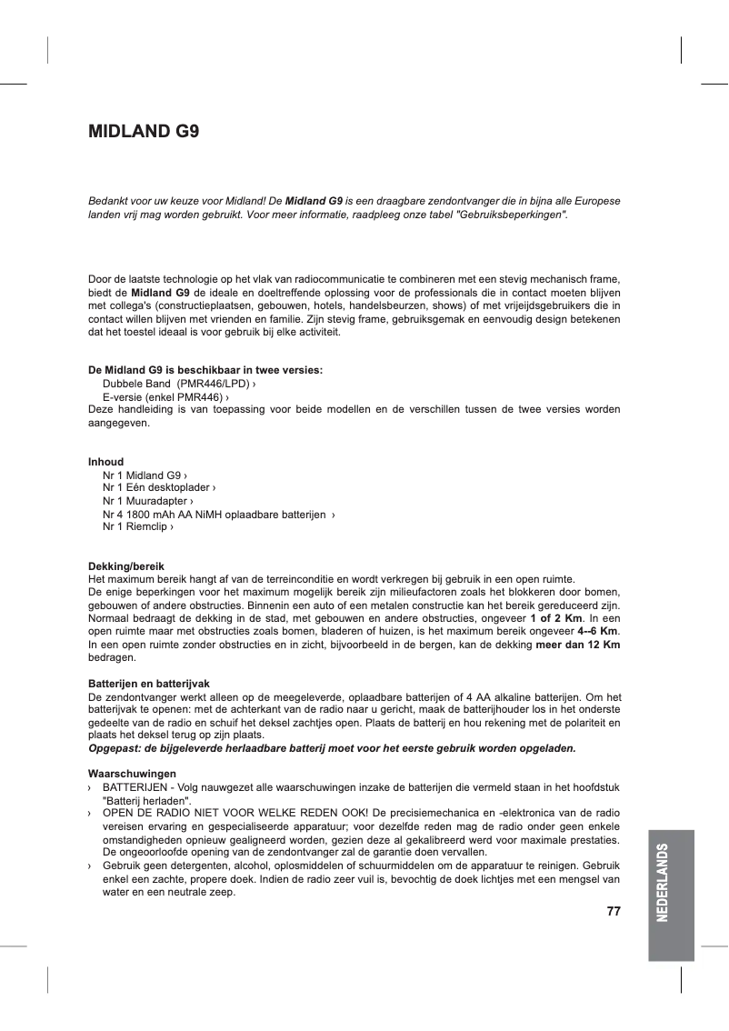 Page 1 de la notice Manuel utilisateur Midland G9 Mimetic